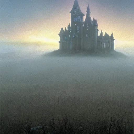 Image similar to A haunting castle stands over a misty orchard during sunrise. A matte painting in the style of Wayne Barlowe, by Zdzisław Beksiński.