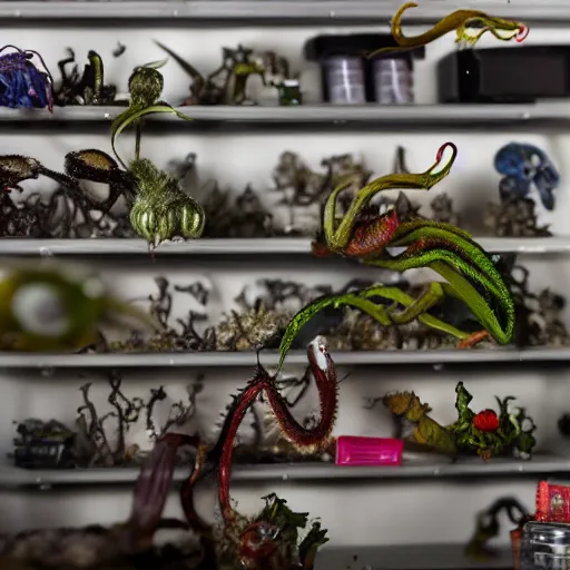 Image similar to garage with carnivorous plants on the shelves and packing peanuts on the floor, scene from tv show hyper detailed 5 5 mm 8 5 mm, toy photography, made out of plastic