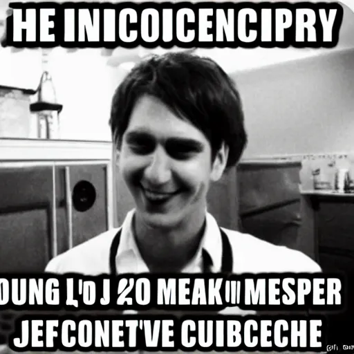 Prompt: jeff meme of handsome jeff in his 2 0 s being very memey at the cucumber soup party