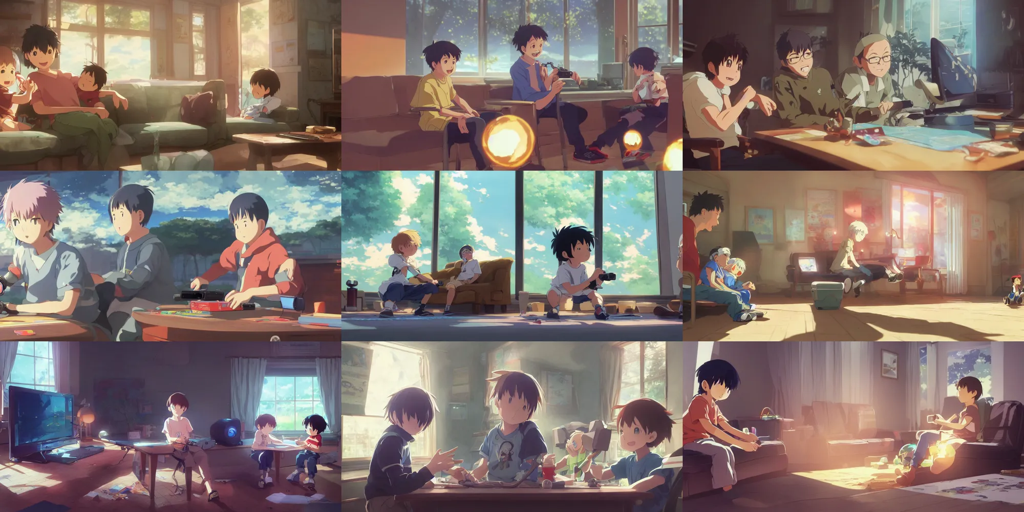 Prompt: a wholesome anime key shot of a young kid playing video games with his grandfather and having fun, good memories, nostalgia, NES, medium shot, waist up, studio Ghibli, Pixar and Disney animation, sharp, Rendered in Unreal Engine 5, anime key art by Greg Rutkowski, Bloom, dramatic lighting, happy, intense emotions