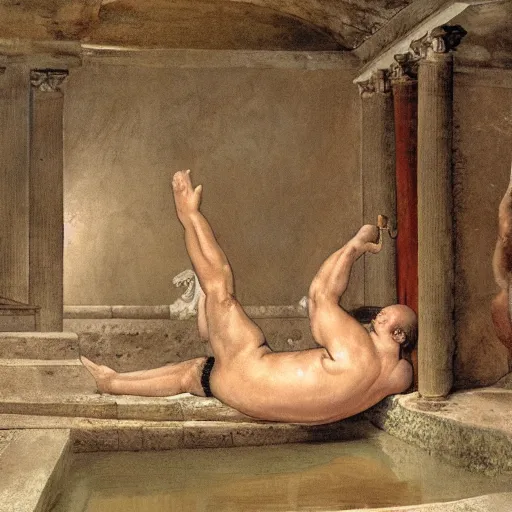 Prompt: a walrus with two tails laying in a old roman bathhouse