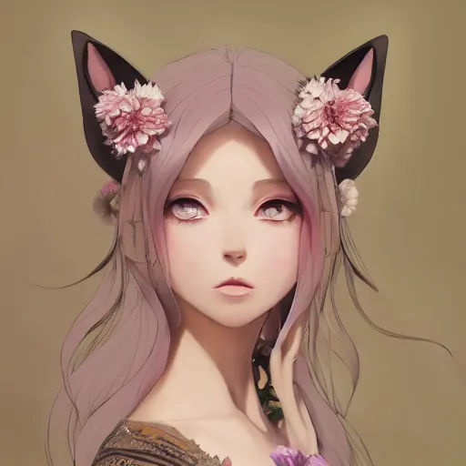 Image similar to a stunning portrait of an olive - skinned witch with cat ears wearing an ornate flower dress, by makoto shinkai, wlop, andrei riabovitchev, sakimichan, summer vibes, very coherent symmetrical artwork, perfect face, studio lighting, 4 k, masterpiece, trending on artstation