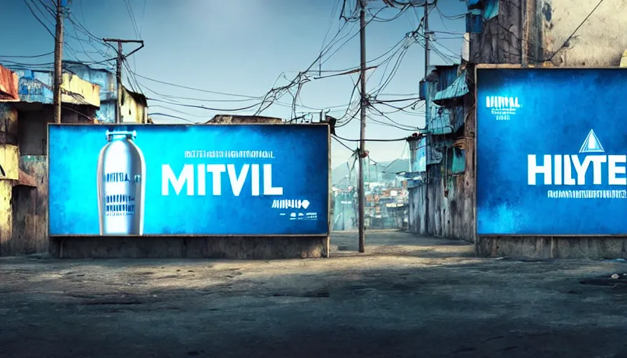 Image similar to Huge Advertising Sign for Mineral Water in a Dystopian Futuristic Favela, Cinematic Lighting, Ultra Quality, Raytracing, Smooth Gradients, Anamorphic Lens, Highly Detailed, Hyperrealistic, Concept Art, Hyperreal