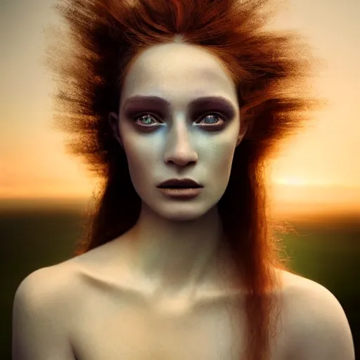 Prompt: photographic portrait of a stunningly beautiful renaissance female with abstract makeup in soft dreamy light at sunset, contemporary fashion shoot, by edward robert hughes, annie leibovitz and steve mccurry, david lazar, jimmy nelsson, breathtaking, 8 k resolution, extremely detailed, beautiful, establishing shot, artistic, hyperrealistic, beautiful face, octane render