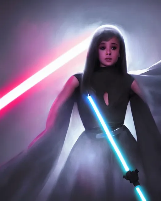 Image similar to Award winning, beautiful photo of Ariana Grande as a Sith lord igniting her light saber, Star Wars concept art by Colin Cantwell, Dramatic Lighting, Cinematic Lighting, Artstation, volumetric fog, action photography, hyper-realistic, 8K resolution, 4K resolution