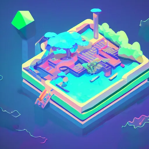 Image similar to isometric half sphere island on neon background, isometric invironment, 3d art, isometric art, high detail, artstation, concept art, behance, ray tracing, smooth, sharp focus, ethereal lighting