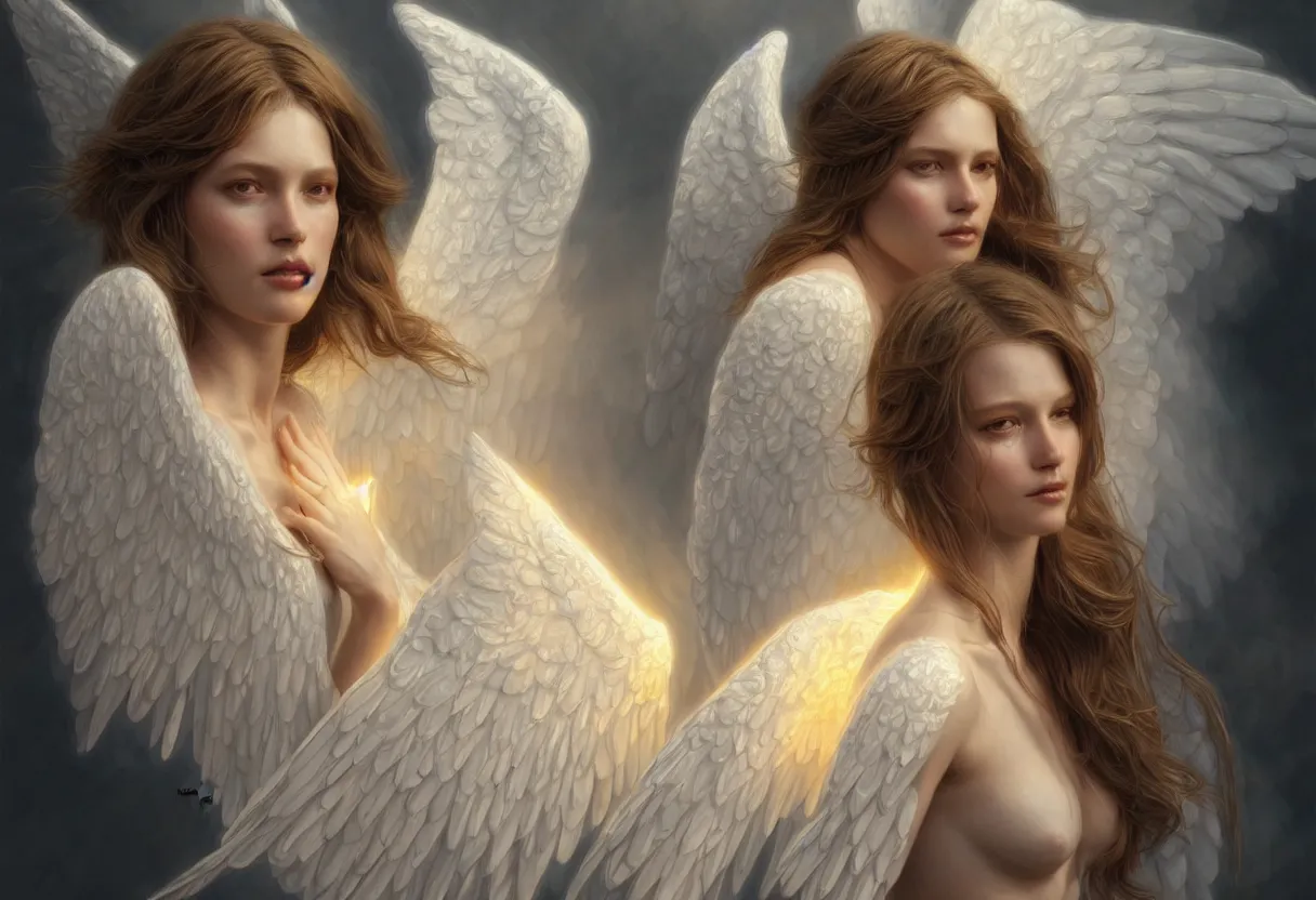 Image similar to detailed portrait of an angel spread wings, diffuse lighting, scifi fantasy, intricate, highly detailed, lifelike, photorealistic, digital painting, artstation, illustration, concept art, smooth, sharp focus, art by john collier and albert aublet and krenz cushart