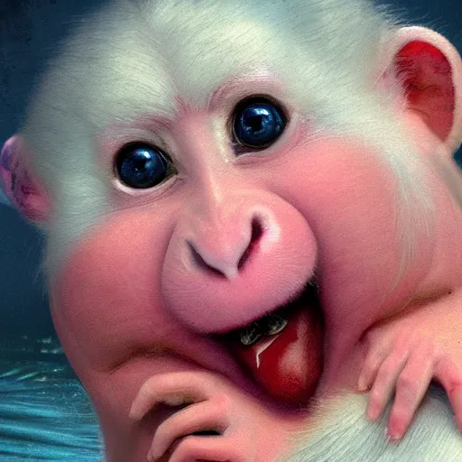 Image similar to magical scene. the sweet old very fat baby white monkey, red lips, blue eyes, is in love with her fancy beautiful colorful white fish. close up. clear face. subsurface scattering shiny skin. cinematic scene. glossy. highly detailed, color harmony, art station, ornate, caravaggio style. 3 d, beautiful lighting, old photography