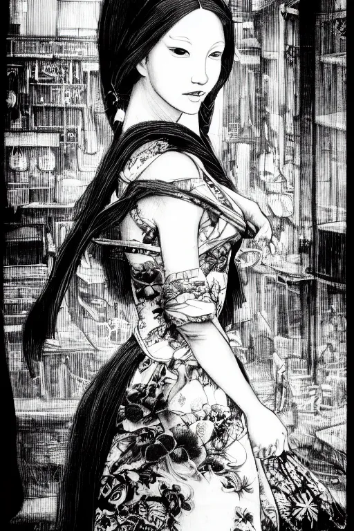Prompt: beautiful portrait of a woman, negative no not mona lisa pose, highly detailed ink illustration of a dark alley of taipei, b & w clean shaped illustration by kim jung gi, ric estrada, ron english and eiichiro oda