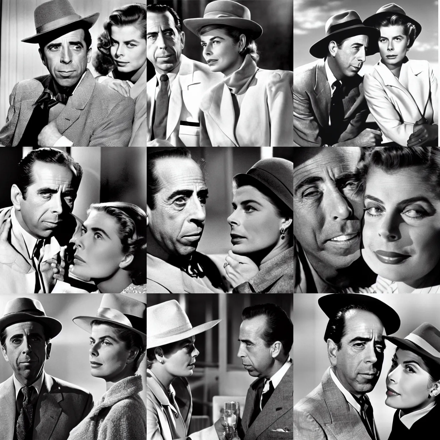 Prompt: \'Here\'s looking at you kid\', Humphrey Bogart and Ingrid Bergman in Casablanca