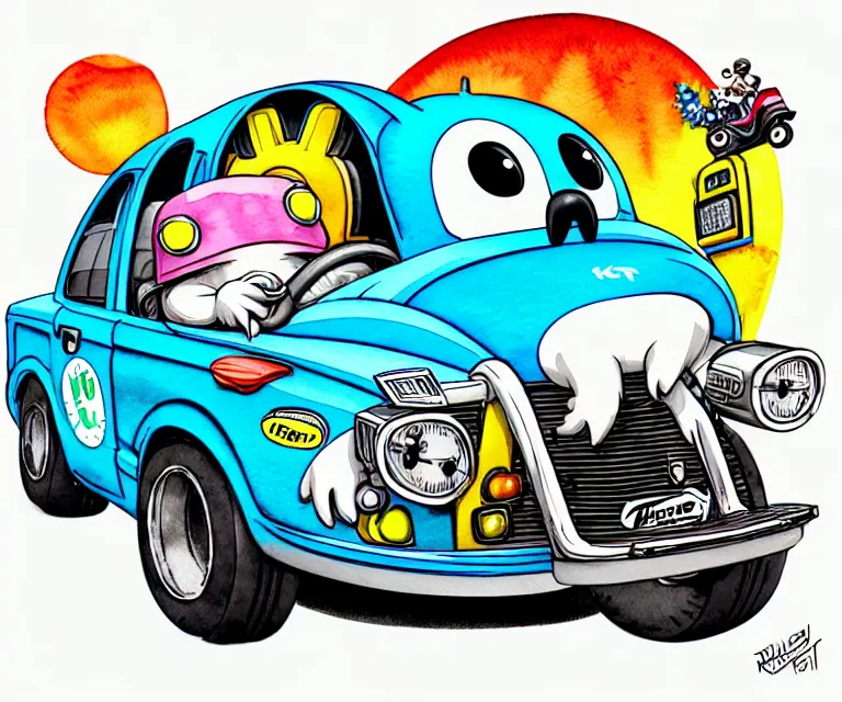 Image similar to cute and funny, koala wearing a helmet riding in a hot rod with an oversize engine, ratfink style by ed roth, centered award winning watercolor pen illustration, isometric illustration by chihiro iwasaki, edited by range murata, tiny details by artgerm and watercolor girl, symmetrically isometrically centered, sharply focused