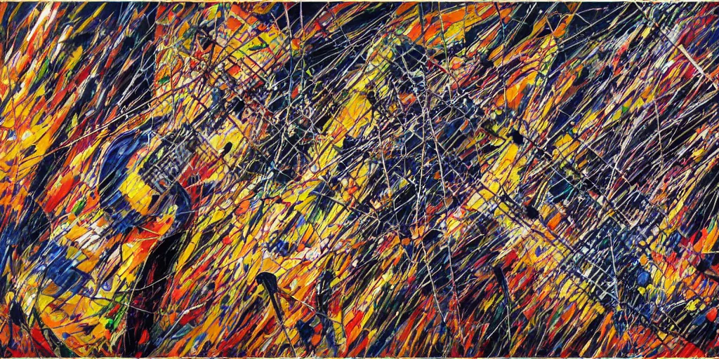 Prompt: an ultra detailed oil painting where the strings section of a symphony is interpreted by applied paint strokes, hyper - detailed, structured, grid, sheet music, pops of triadic colors, jackson pollock, pierre soulages