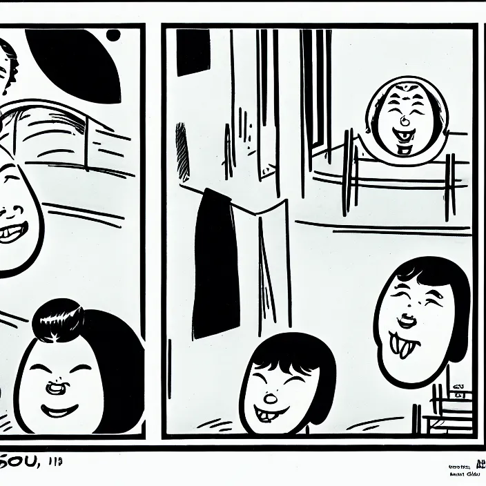 Image similar to a still frame from comic strip, smiling sun 1 9 5 0, herluf bidstrup, new yorker illustration, monochrome contrast bw, lineart, manga, tadanori yokoo, simplified,