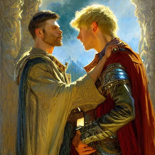 Image similar to stunning arthur pendragon in love with stunning male merlin the mage. they are close to each other. highly detailed painting by gaston bussiere, craig mullins, j. c. leyendecker