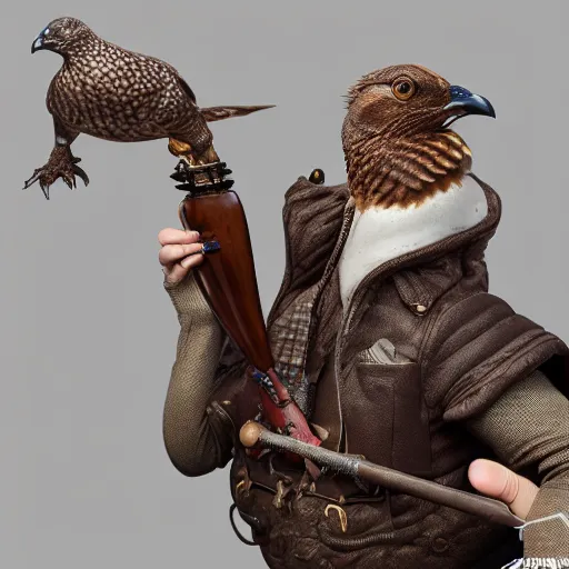 Image similar to a 3 d model of a grouse holding a blunderbuss, studio lighting, octane render, hyper detailed, product photography, 8 k, highly detailed