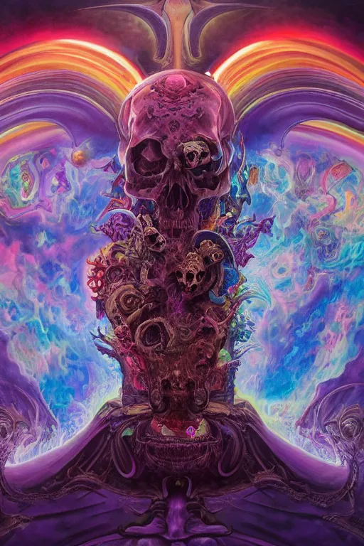 Prompt: gigantic psychedelic demonic cosmic skull of death and fire of outer space, fantasy painting, ultra realistic, dmt, wide angle, art nouveau, intricate details, digital painting, rainbowshift, vivid colors, highly detailed by peter mohrbacher, h. r. giger, maxfield parrish, craig mullins, octane render, cgi