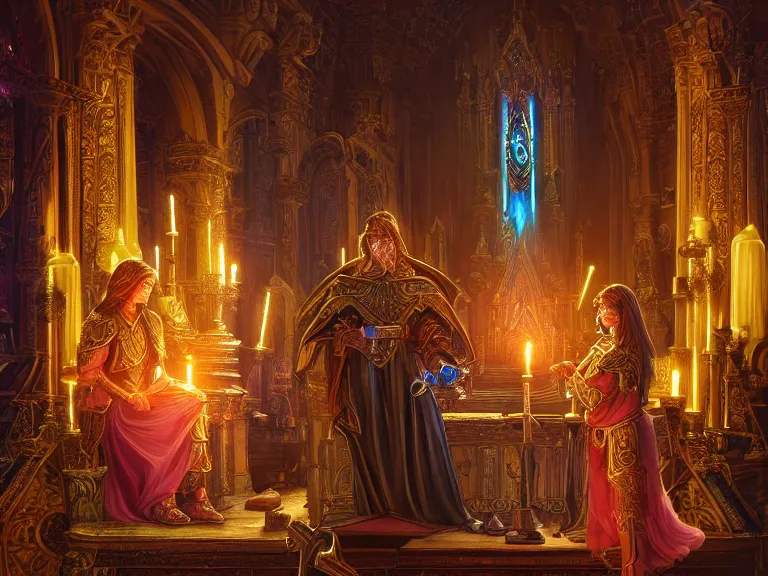 Prompt: paladin and magic user in a highly detailed holy temple, altar, candles, beautiful, high fantasy, colorful, highly detailed faces, high details, ornamental, exquisite, sharp focus, chiaroscuro, dnd, digital painting