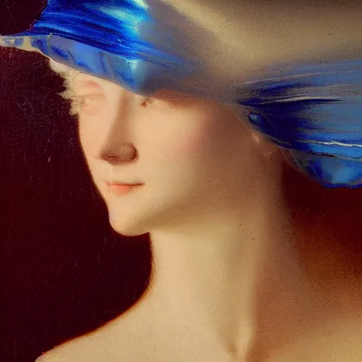 Image similar to a young woman's face, her hair is white and she wears a cobalt blue satin cloak, by ivan aivazovsky and syd mead and moebius and gaston bussiere and roger dean and pieter claesz and paul delaroche and alma tadema and aelbert cuyp, hyperrealistic, volumetric light, octane render