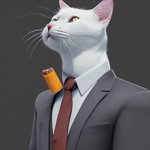 Image similar to a high quality photo of a cat wearing a suit and smoking, render, ultra realistic, cgsociety