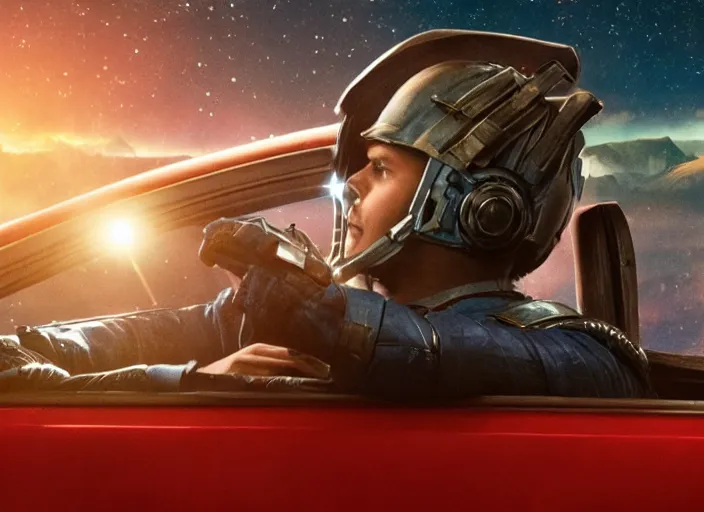 Image similar to a very high resolution image from a new movie, starlord. inside of a car. mountains, falling stars, directed by wes anderson