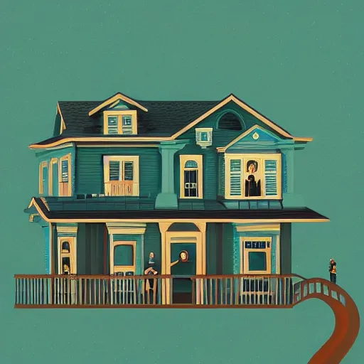 Image similar to people looking at a house, intricate, elegant, highly detailed, vector illustration, artstation, concept art, smooth, sharp focus, illustration, art by samuel werczler, tom whalen, niark 1, jonny wan, sea green color theme