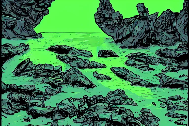 Image similar to glowing green rocks, toxic sludge, like where the hulk would live, landscape, comic book art style