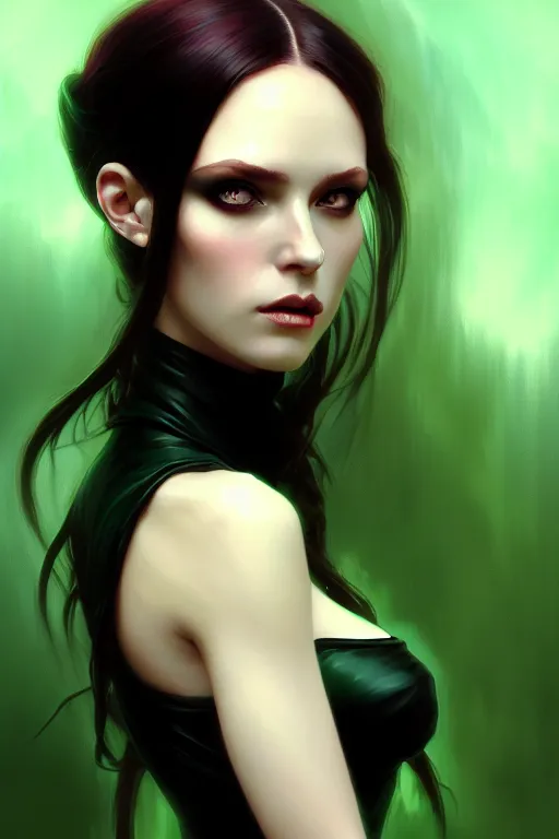 Image similar to portrait of a dark fantasy seductive female necromancer, stylish black dress, green eyes, long red hair, fantasy, elegant, intricate, full frontal shot, highly detailed, digital painting, artstation, concept art, sharp focus, illustration, art by artgerm and greg rutkowski and alphonse mucha