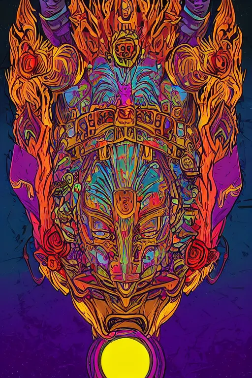 Image similar to animal mask totem roots flower tribal feather gemstone plant wood rock shaman vodoo video game vector cutout illustration vivid multicolor borderlands comics by josan gonzales and dan mumford radiating a glowing aura