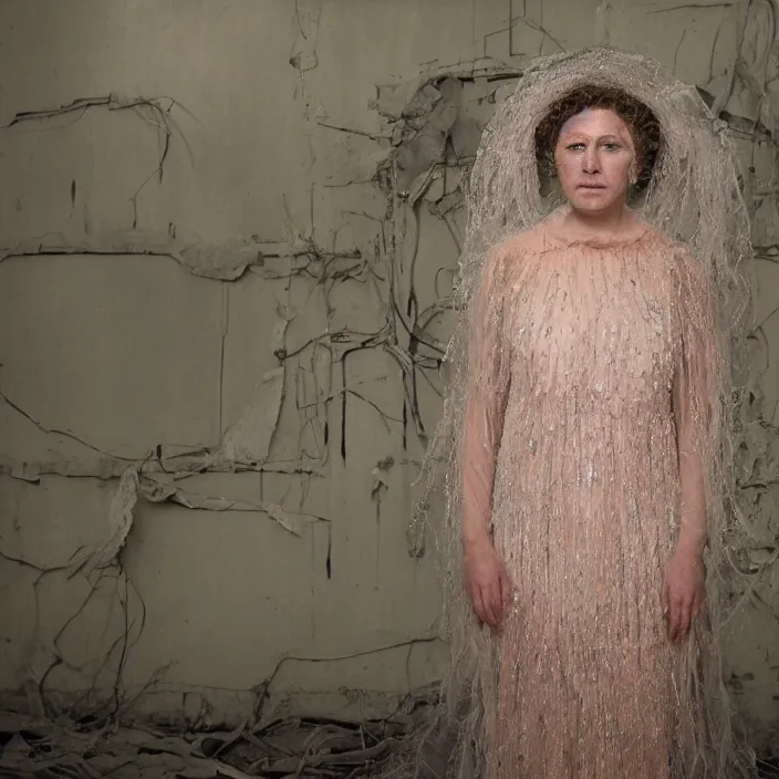 Prompt: a closeup portrait of a woman wearing a dress made of jelly fish and eels, standing in a derelict building, color photograph, by vincent desiderio, canon eos c 3 0 0, ƒ 1. 8, 3 5 mm, 8 k, medium - format print