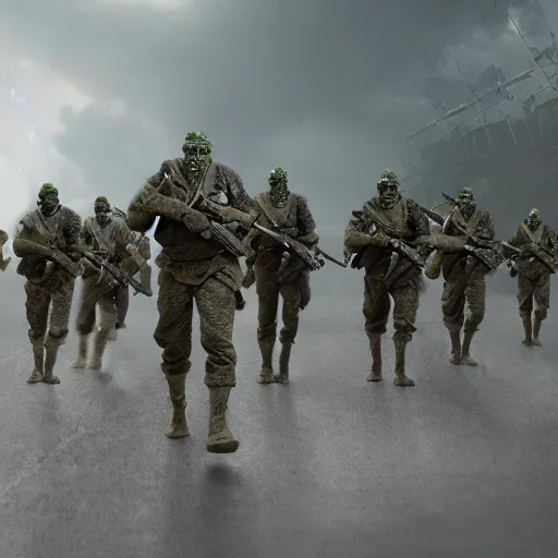 Image similar to an army of apocalyptic warrior soldiers frogs, marching to war, cinematic and dramatic lightning, artstation trending, 8 k, octane render, matte painting, horror, vivid