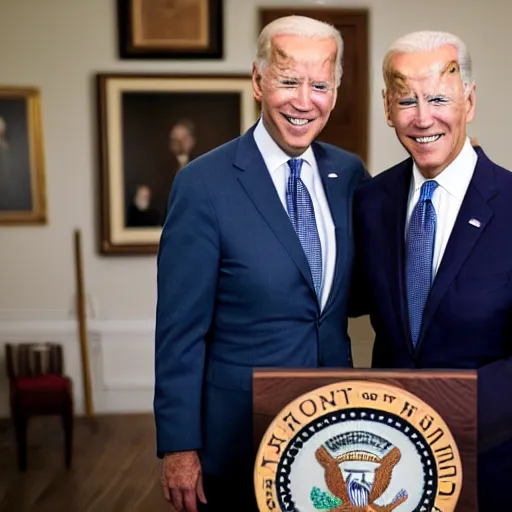 Image similar to A portrait photo of joe biden teams up with a teenage joe biden, perfect faces, 50 mm, award winning photography