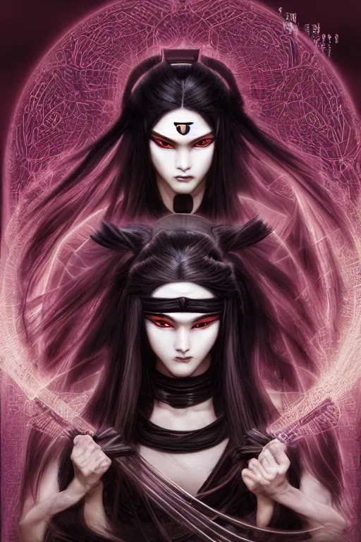 Image similar to beautiful Ninjutsu and evil and gorgerous and mythical female ninja portrait+shiny eyes+light flowing hair, in Ninja Mudra night ruin tokyo temple, ultradetail face, art and illustration by tian zi and craig mullins and WLOP and alphonse mucha, rim lght, fantasy, intricate complexity, human structure, fantasy world concept, watermark, blurry, hyperrealism 8k