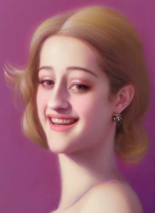 Image similar to portrait of lili reinhart with fluffy bangs, smiling kindly, bangs, 1 9 6 0 s, ponytail, curly bangs and ponytail, rounder face, intricate, elegant, glowing lights, highly detailed, digital painting, artstation, concept art, smooth, sharp focus, illustration, art by wlop, mars ravelo and greg rutkowski