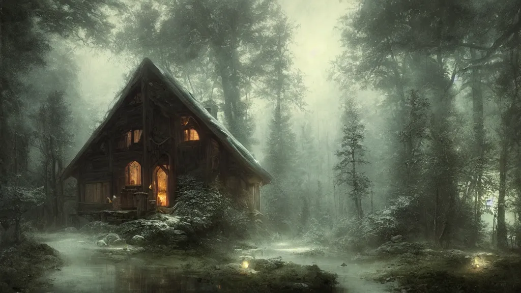 Prompt: [ a cabin in the woods, where the old druid lives ] andreas achenbach, artgerm, mikko lagerstedt, zack snyder, tokujin yoshioka