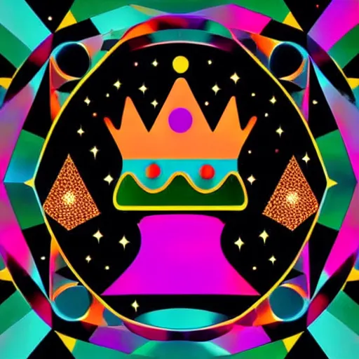 Prompt: a glowing colorful minimal elegant crown sitting on a table with one large beautiful eye on top of it like a jewel, one black pupil in the eye, shining stars on top of the crown, night time, vast cosmos, geometric light rays exploding outwards into stars, bold black lines, flat colors, minimal psychedelic 1 9 5 0 s poster illustration