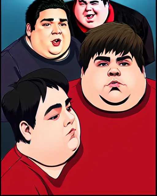 Image similar to a comic potrait of fat obese dan schneider from drake and josh with black and red parts, fine - face, realistic shaded perfect face, fine details. night setting. very anime style. realistic shaded lighting poster by ilya kuvshinov katsuhiro, unreal engine, global illumination, radiant light, detailed and intricate environment