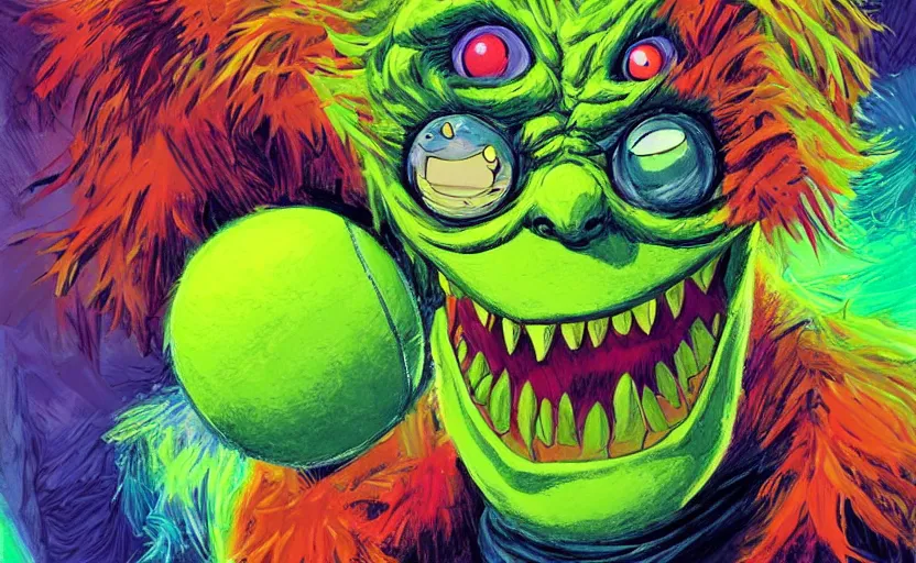 Prompt: a tennis ball monsters back to the future, colorful, digital art, fantasy, magic, chalk, trending on artstation, ultra detailed, professional illustration by basil gogos