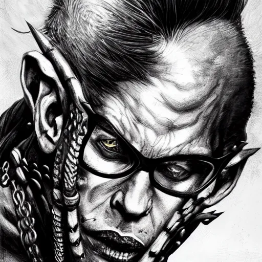 Prompt: low angle shot of a half demon man wearing glasses with a mohawk in the style of mad max characters, wearing traditional earrings, black and white, by Clive Barker , intricate, elegant, highly detailed, centered, digital painting, artstation, concept art, smooth, sharp focus, illustration, artgerm, Tomasz Alen Kopera, Peter Mohrbacher donato giancola, Joseph Christian Leyendecker, WLOP, Boris Vallejo.