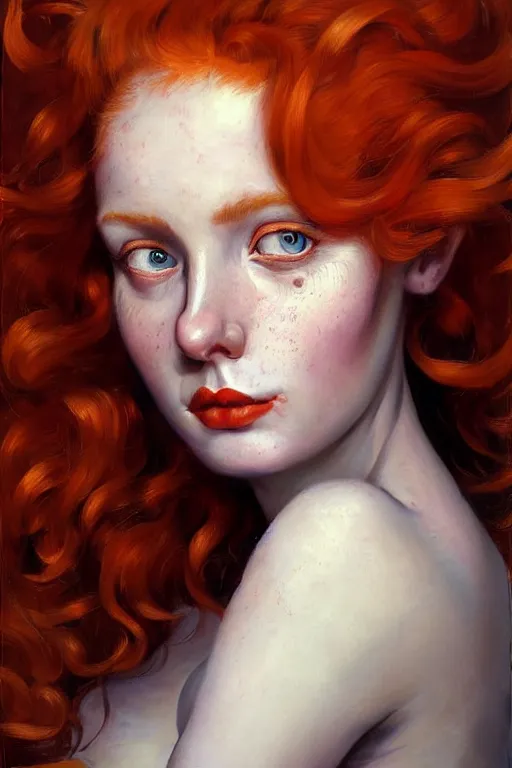 Prompt: hyper realistic painting portrait of a redhead girl with flowing curls and closed eyes, orange subject and turquoise background, hyper detailed face by stjepan sejic, by norman rockwell, by michael hussar, by roberto ferri, by ruan jia, textured turquoise background