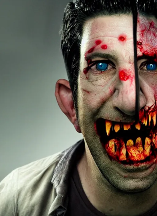 Image similar to david schwimmer becomes an angry zombie, face enhance, realistic, shaun of the dead, izombie, ultra detailed, octane render, lovecraftian, horror, dead space, the walking dead