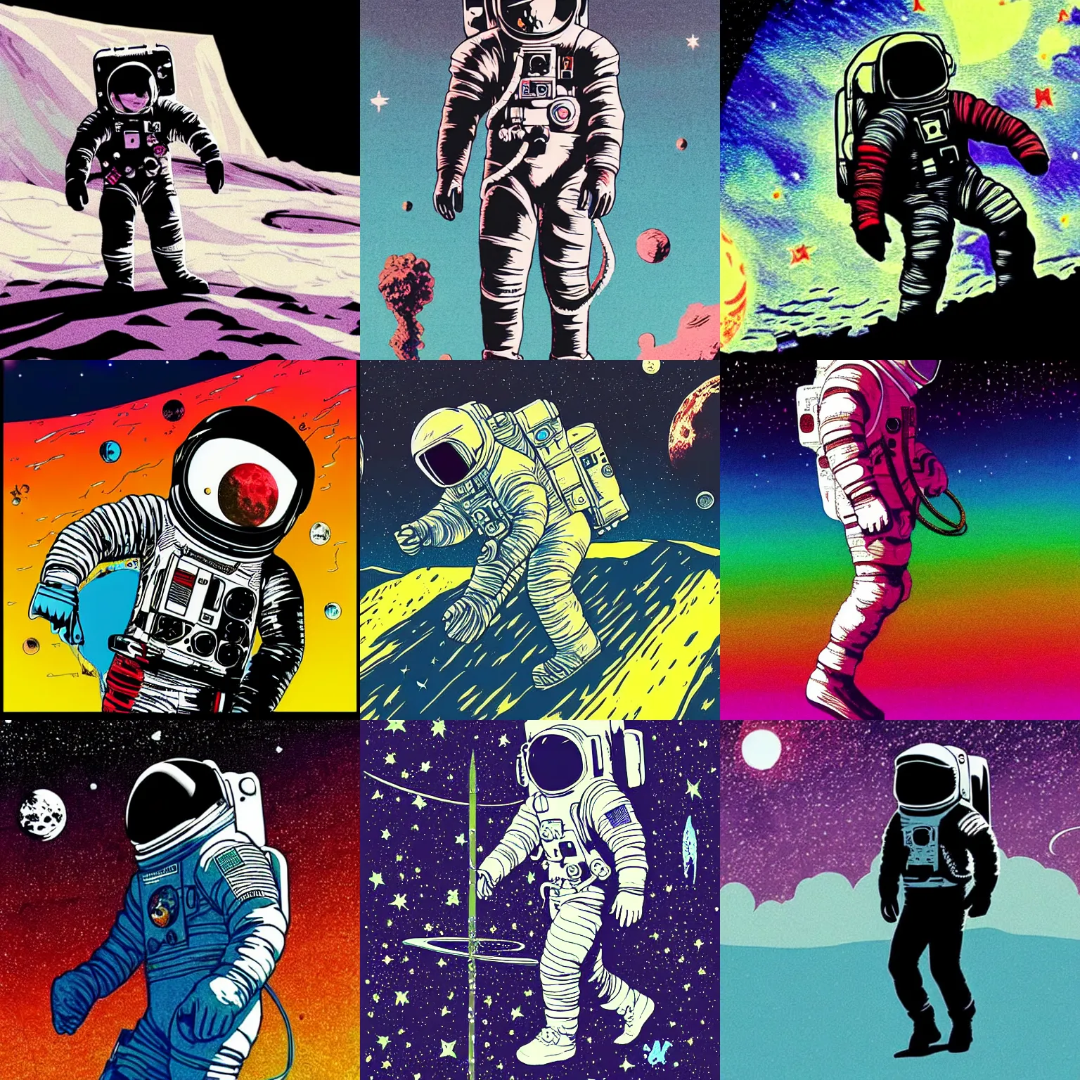 Prompt: astronaut on the moon walking, silhouette, intricate colored ink drawing, vaporwave, highly detailed in the style of jamie hewlett