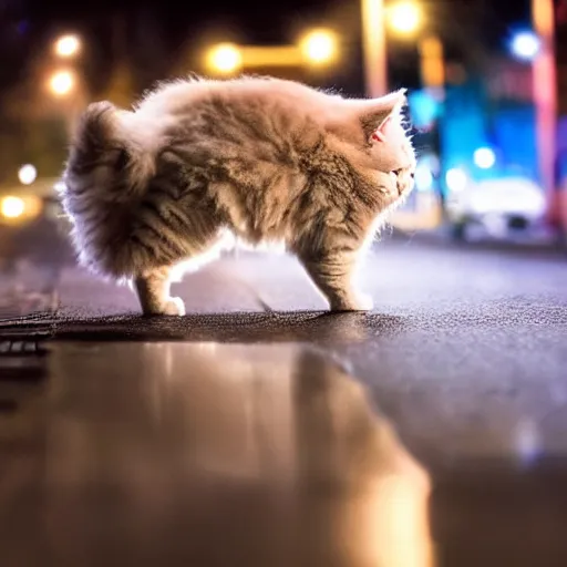 Prompt: fluffy cat crossing the street at night, after rain, reflecting lights, photograph