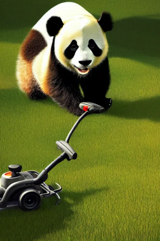 Image similar to a panda mowing his lawn with an old school lawn mawer, suburban garden, golden hour, cgsociety and beeple highly detailed, cinematic lighting, illustration, art, octane render, unreal engine lumen, very coherent. cinematic, hyper realism, high detail, octane render, 8 k