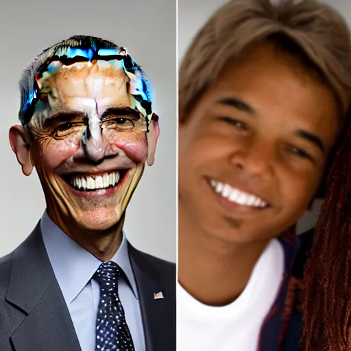Prompt: A portrait Obama teams up with a teenage Obama, perfect faces, 50 mm, award winning photography