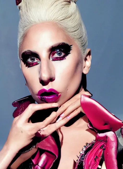 Prompt: lady gaga styled by nick knight posing in an retro setting , vogue magazine, Highly realistic. High resolution. Highly detailed. Dramatic. 8k.4k.