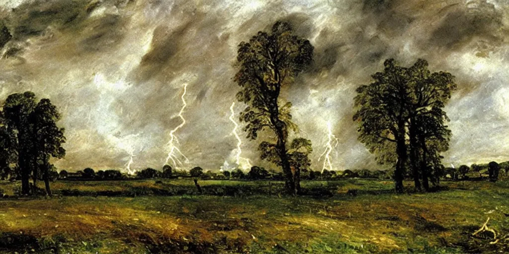 Prompt: lightning strikes a tree in the middle of a field, painting By John Constable,