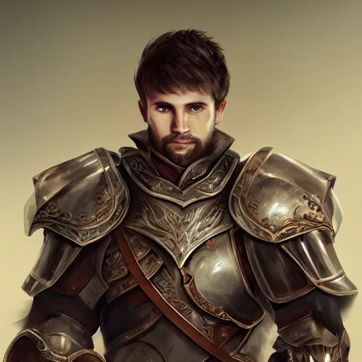 Image similar to realistic portrait, 30 year old man :: athletic, brown hair, metal armour, majestic, authority, sword :: high detail, digital art, RPG, concept art, illustration