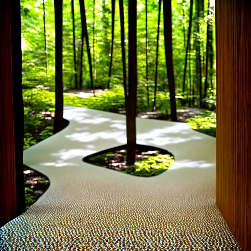 Prompt: a gravel pathway leading to a mid-century modern house in a forest, designed by Frank Gehry. Big tiles. Film grain, cinematic, yellow hue