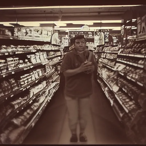 Image similar to low angle vintage photograph of a futuristic mayan jaguar warrior inside a grocery store, shallow depth of field, awkward, out of place, polaroid 6 0 0 color