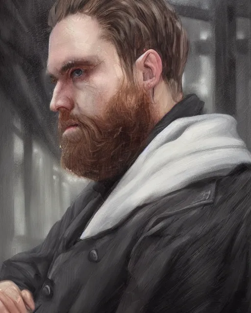 Prompt: artstation artgerm cgsociety portrait painting of a very sad white man with windows peak hairline sitting in the rain on a park bench at night, with a beard and short light brown hair, frowning and eyes full of tears crying